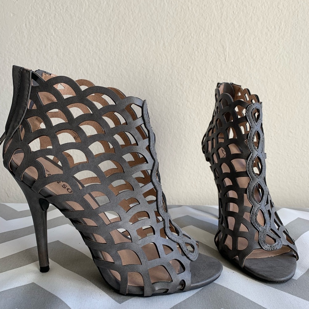 Grey lattice bootie heels